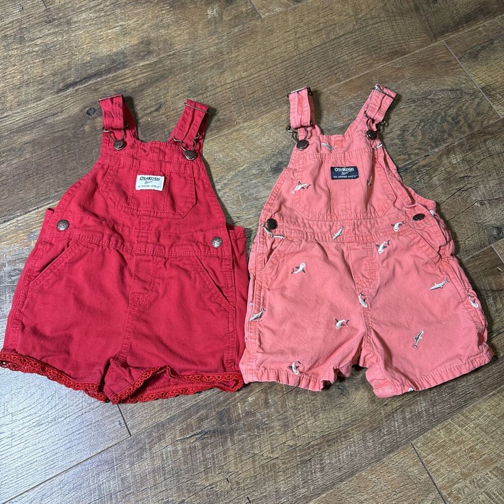 OshKosh B'gosh Y2K Denim Jean Overall Shorts Vestbak Red Salmon Sharks Girls 18M